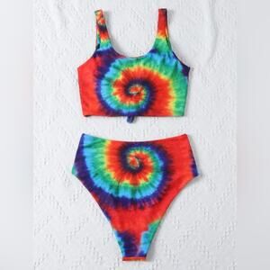 SHEIN Tie Dye Knot Hem High Waisted Bikini Swimsuit XL